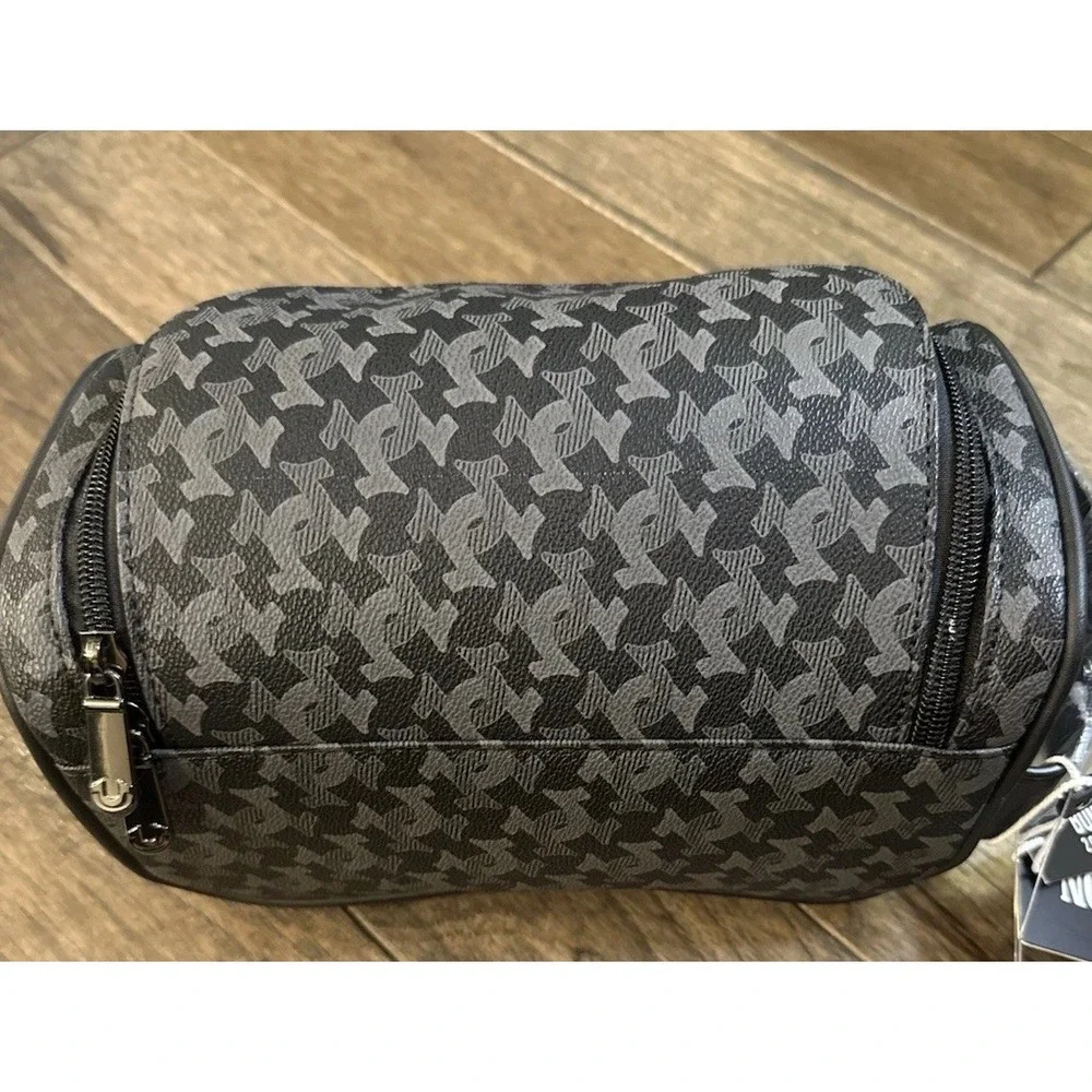 True Religion Coda Horseshoe Logo Toiletry Bag In Black And Gray Faux Leather‎